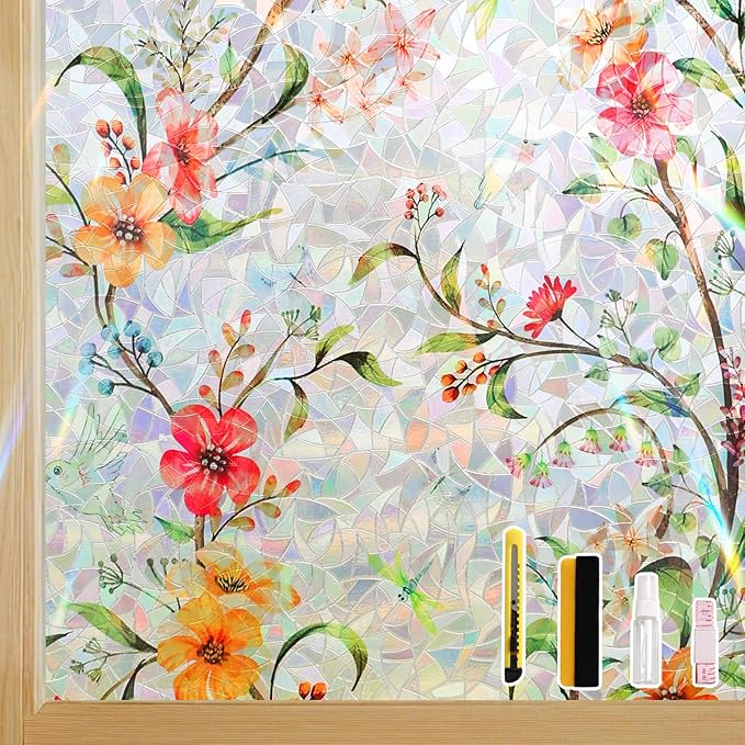 Finnez Floral Stained Glass Window Film, Rainbow Static Cling Privacy, No Glue Removable for Home Sliding Glass Doors, 23.6"x78.7"