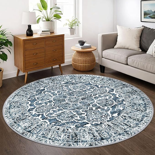 KUTA Round Rugs 6ft, Blue White Circle Rug Washable 6ft, Non-Slip Printed Vintage Medallion Carpet for Living Room Dining Kitchen Indoor Entryway
