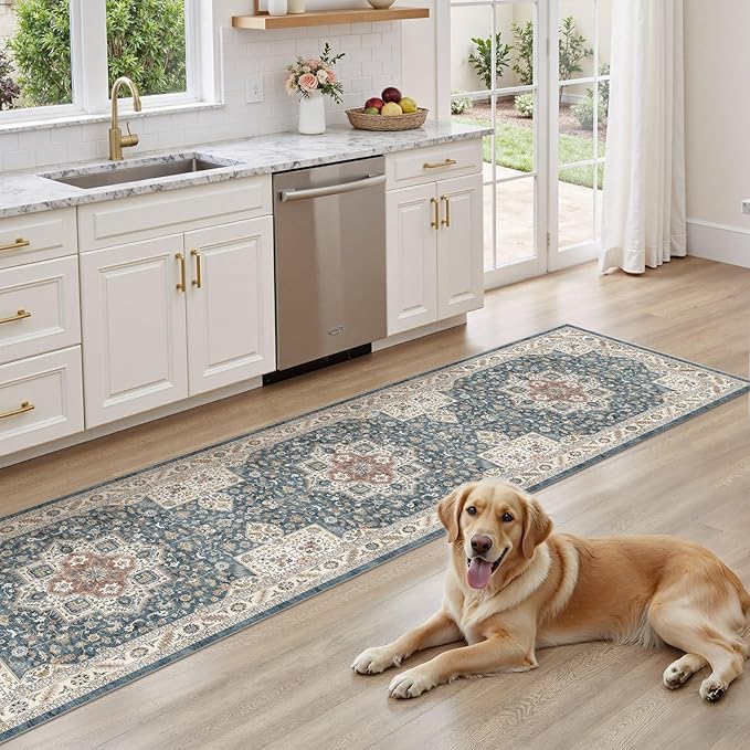 Vintage Hallway Runner Rug 2x6: Large Soft Washable Entryway for Kitchen Laundry Room Non-Slip Backing Runner for Entrance Living Room Bedroom Bathroom - Vintage Blue