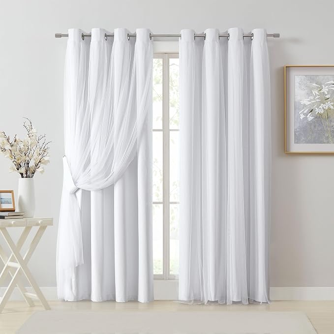 Bujasso White Full Blackout Curtain Panels with Sheer Overlay Mix and Match Double Layer Thermal Insulated Window Treatment Set for Living Room White Drapes with Tiebacks Grommet Top 54" Wx84 Lx2