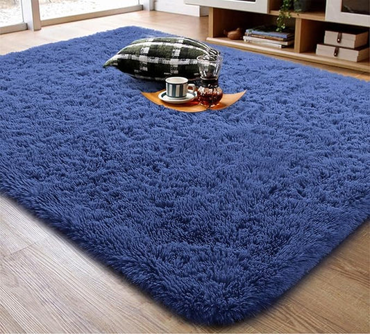 Ompaa Fluffy Rug, Super Soft Fuzzy Area Rugs for Bedroom Living Room - 4' x 6' Large Plush Furry Shag Rug - Kids Playroom Nursery Classroom Dining Room Decor Floor Carpet, Light Navy