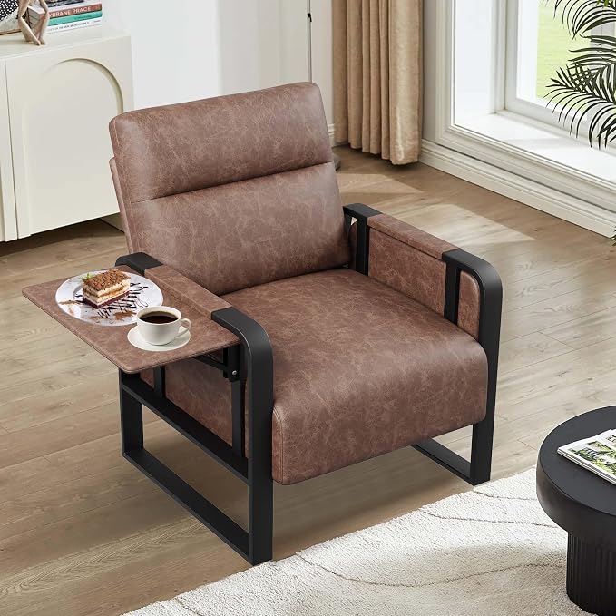 Modern PU Leather Accent Chairs Set of 2 Upholstered Armchairs with Tray Table Leisure Side Chairs for Living Room Bedroom Office Dark Brown