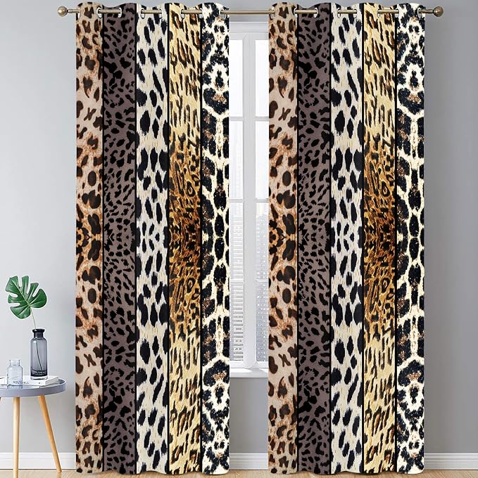 Wild Animal Print Curtain, Room Darkening Thermal Insulated Blackout Leopard Boa Window Drapes with Grommets for Living, Dining, Bedroom, Grey Leopard Print, 52"x 96", 2 Panels