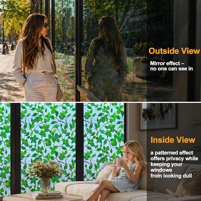 Countewol Privacy Window Film Upgraded 24H Day & Night Privacy Heat Insulation Static Cling Decorative Glass Film(Upgraded UV Greenery, 24 X 78.7 in)
