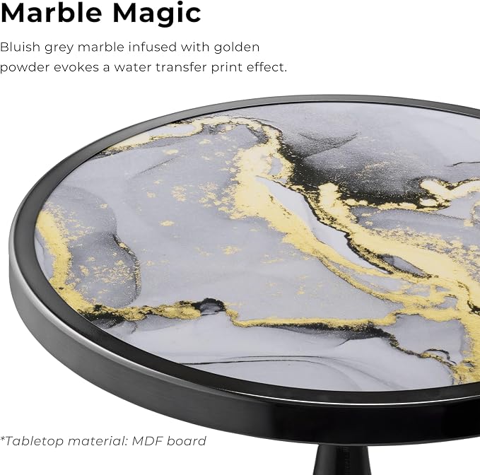 Homes: Inside + Out Halric Modern 24" Tall Round End Table with Decorated Tabletop and Iron Metal Base, Accent Furniture, Elegant Pedestal Stand for Living Room, Home Office, Black with Faux Marble