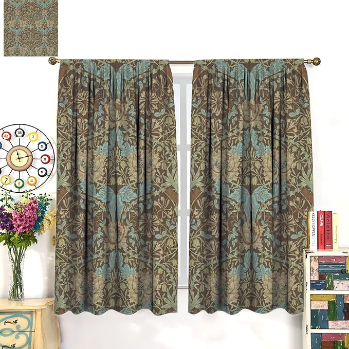 Retro Bohemian William Morris Plant Floral Blackout Curtains, Abstract Vintage Country Floral Leaf Pattern Window Drapes, for Living Room Bedroom 21(W)*54(L) 2 Panels