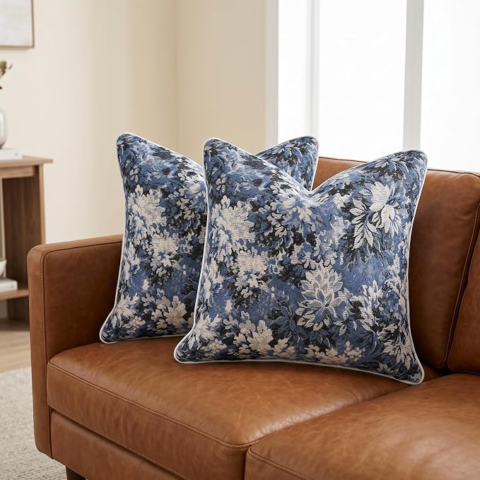 Vintage Floral Throw Pillow Covers 20x20 Inches Set of 2 Boho Farmhouse Pillow Cases Premium Chenille Textured Decorative Cushion Covers for Couch Retro Garden Farmhouse Style Blue