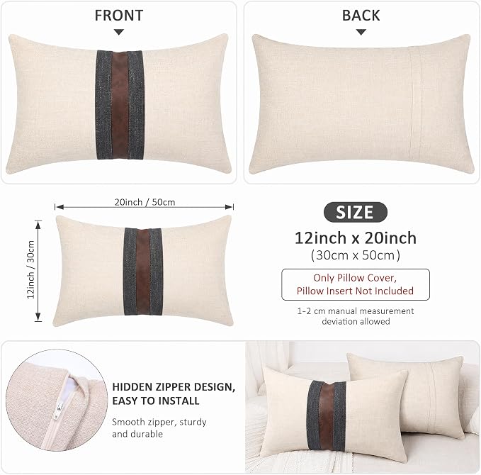 Set of 2 Leather Throw Pillow Covers Lumbar Cotton Linen Decor Patchwork Pillow Cover Faux Leather Pillows Cover for Couch Sofa Living Room Bedroom,Beige 12"x20"