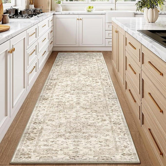 2'6x10 Washable Neutral Runner Rug Beige Vintage Hallway Kitchen Carpet Non-Slip Soft Low Pile Farmhouse Throw Rug for Bedroom Bathroom Laundry Living Room