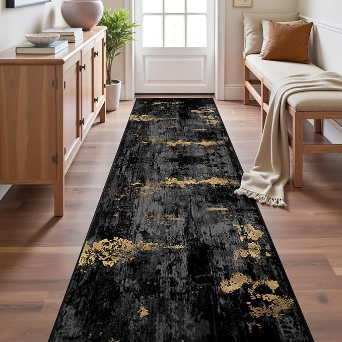 RELEANY Washable Area Rugs 2'x10' Non-Slip Modern Abstract Soft for Living Room Entryway Bedroom Kitchen, Print Pattern, Dark Black Gold