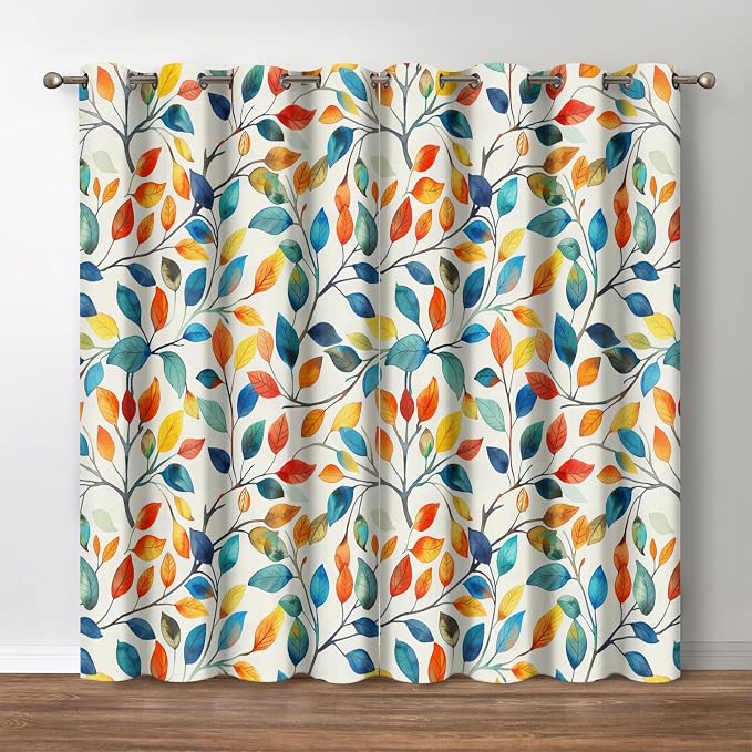 Jekeno Boho Watercolor Leaves Blackout Curtains Bohemian 4 Seasons Colorful Leaf Print Drapes Decor Home Apartment Bedroom Living Room Darkening Grommet Window Treatments 2 Panels Set,52x84 Inch
