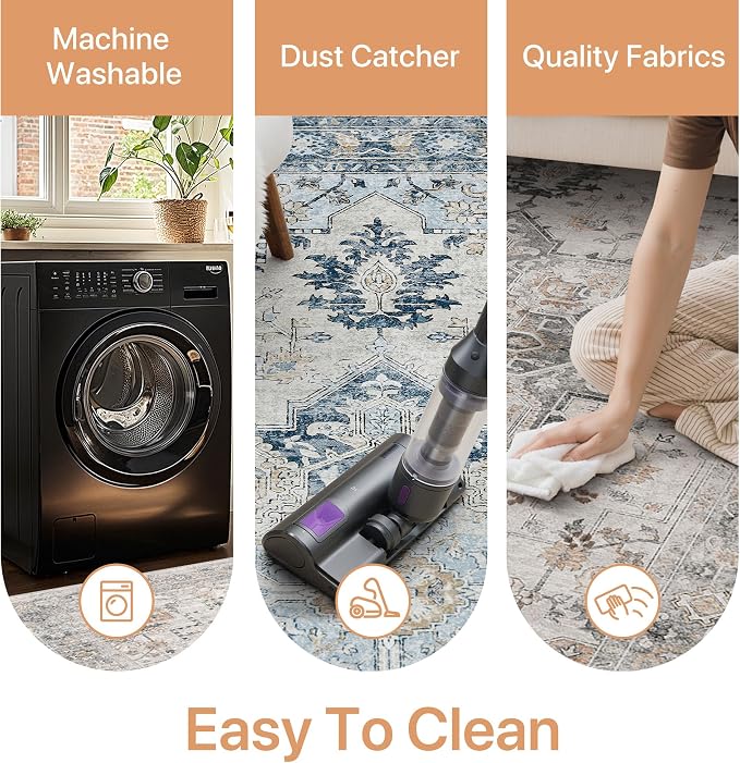 GENIMO 2x3 Reversible Door Mat for Entryway, Machine Washable Non Slip Vintage Rugs, Low Pile Lightweight Soft Print Rug for Hallway, Corridor, Home, Office, Kitchen, Taupe & Blue