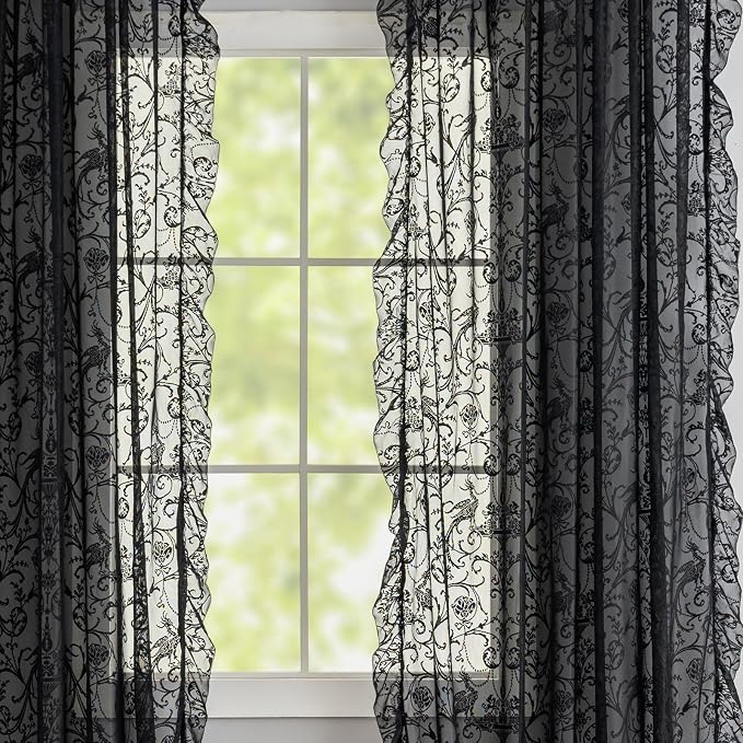 TUDECO Short Black Curtains 45 Inch Length - Gothic Lace Floral Black Kitchen Curtains for Small Window, Rod Pocket Semi-Sheer Light Filtering Goth Moody Spooky Home Decor, 59W x 45L Inch