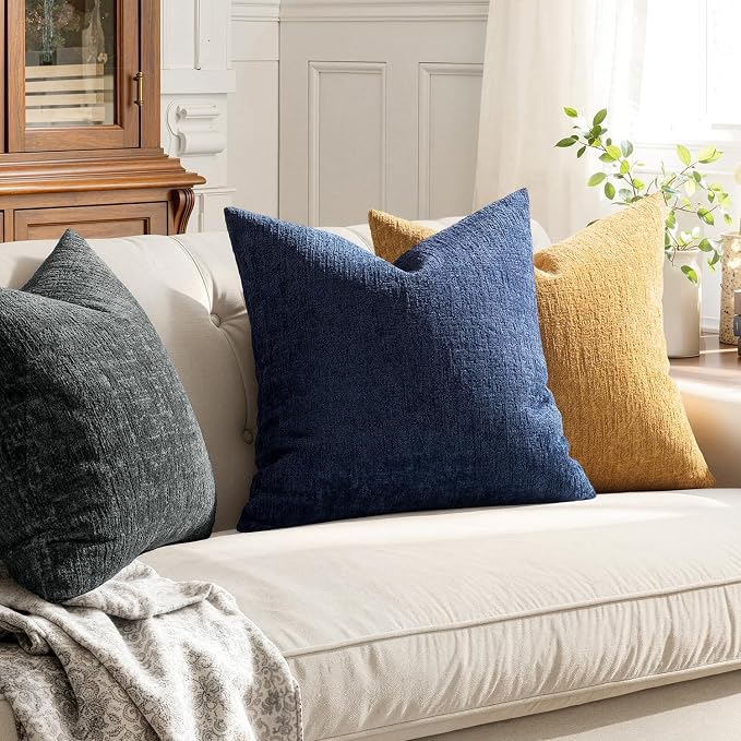 MIULEE Decorative Throw Pillow Covers 22x22 Pack of 2 Navy Blue Couch Pillow Covers Soft Cozy Textured Chenille Pillowcases for Home Decor Sofa Living Room Cushion Bedroom
