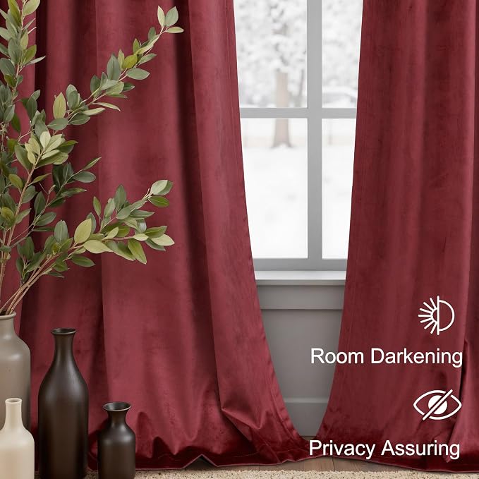 Christmas Red Velvet Curtains 84 Inch Length 2 Panels Back Tab Pocket Victorian Vintage Luxury Living Room Darkening Thermal Insulated Decorative Long Drape for Bedroom Holiday Xmas Gift Burgundy Wine