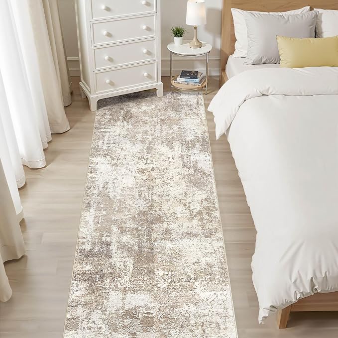 Runner Rug Kitchen Washable Rugs: 2x5 Non-Slip Abstract Soft Modern Stain Resistant Indoor Floor Neutral Accent Throw Carpet for Hallway Bathroom Laundry Room Entryway Bedroom- Beige Brown