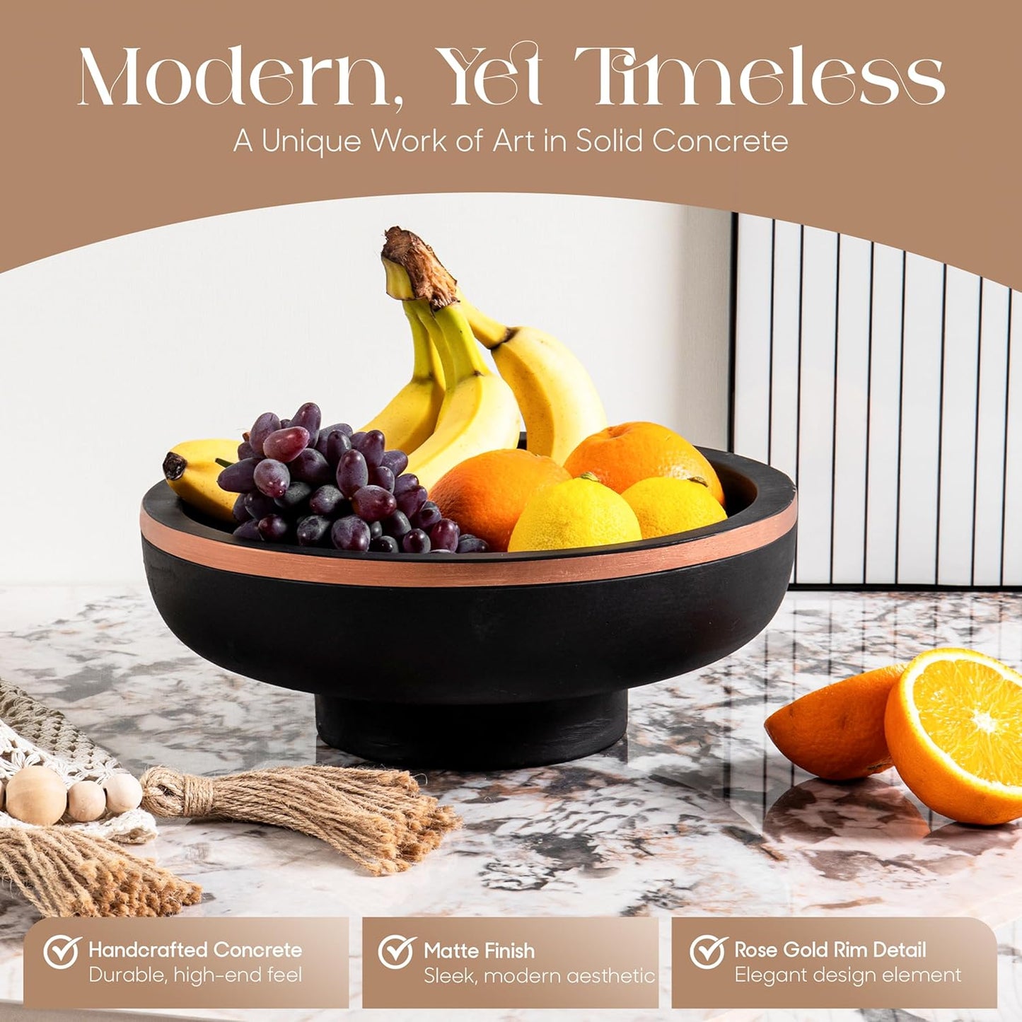 Concrete Large Fruit Bowl for Kitchen Counter - Large Decorative Bowls for Home Decor - Modern Key Bowl for Entryway Table - Hand-Poured Pedestal Bowl for Keys