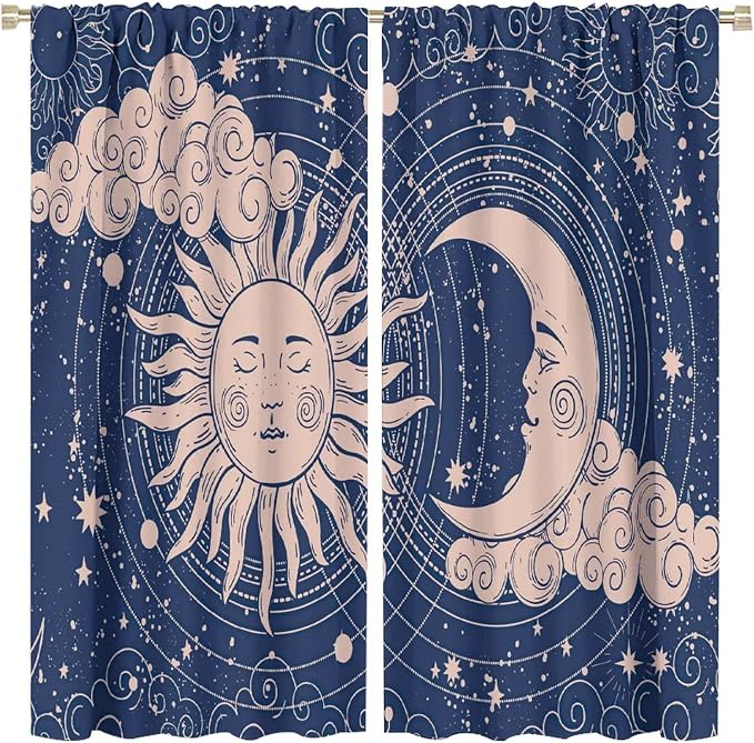 Sun Moon Blackout Windows Curtains, Boho Celestial Bodies Gold Sun Moon and Stars Pattern Window Drapes, for Living Room Bedroom 63x63in 2 Panels