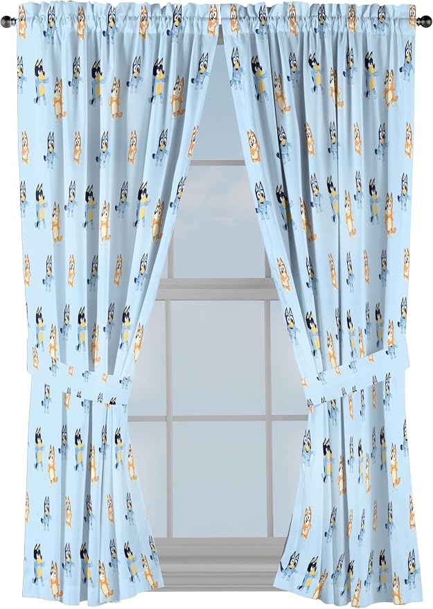 Jay Franco Window Curtains for Kids Bedroom 4-Piece Drape Set with 2 Tiebacks, Blue - Bluey & Bingo, 42" W x 63" L (Pack of 2)