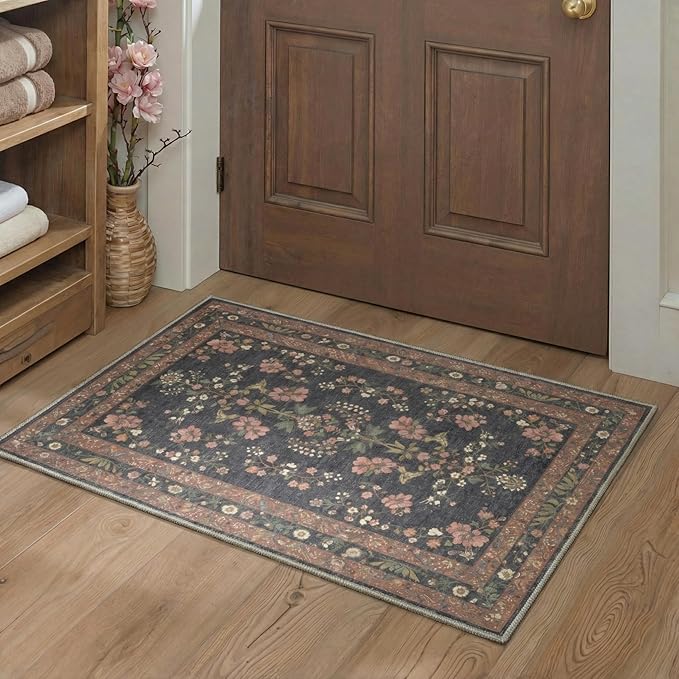 GENIMO 5x7 Area Rugs for Living Room, Machine Washable Non Slip Vintage Rugs, Low Pile Lightweight Chenille Print Rug for Bedroom, Dining Room, Home Office, Dusty Charcoal