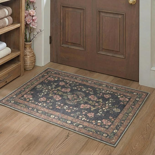 GENIMO Area Rug 2x3 Doormat, Machine Washable Low Pile Rugs, Small Retro Chenille Entryway Mat for Entrance, Hallway, Kitchen and Corridor, Dusty Charcoal