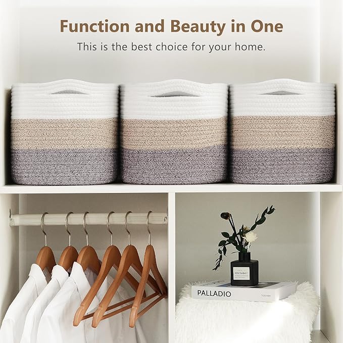 ECDYQXVU Cotton Rope Storage Basket, 15x10x9 Inches, Woven Basket for Shelves, Clothes, Towels, Books, and Laundry, White Brown (1 Pack)