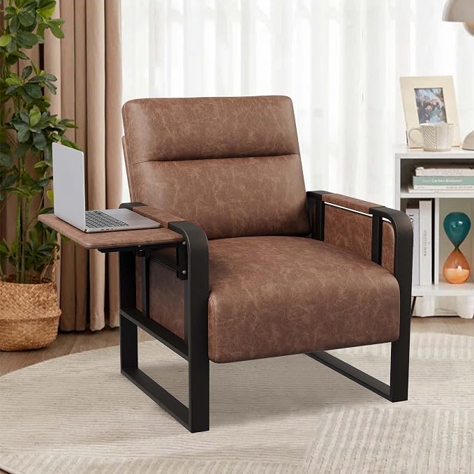 PU Leather Accent Chair with Foldable Table, Modern Upholstered Armchair for Living Room Bedroom Office Side Chairs Dark Brown