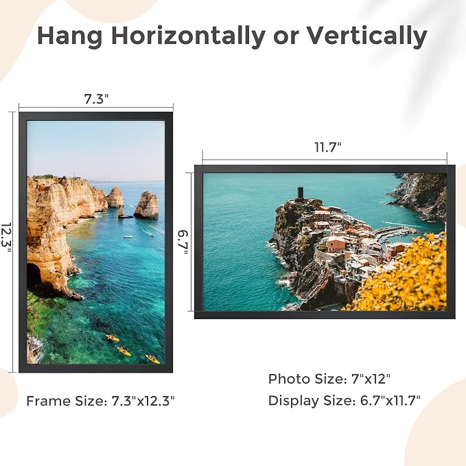 FLYJOE 7x12 Metal Picture Frame - Black Aluminum Picture Frames with Real Glass, Wall Mounting Horizontally or Vertically, Simple and Elegant Decor for Wall Gallery Poster Photo 12x7 Frame, Black