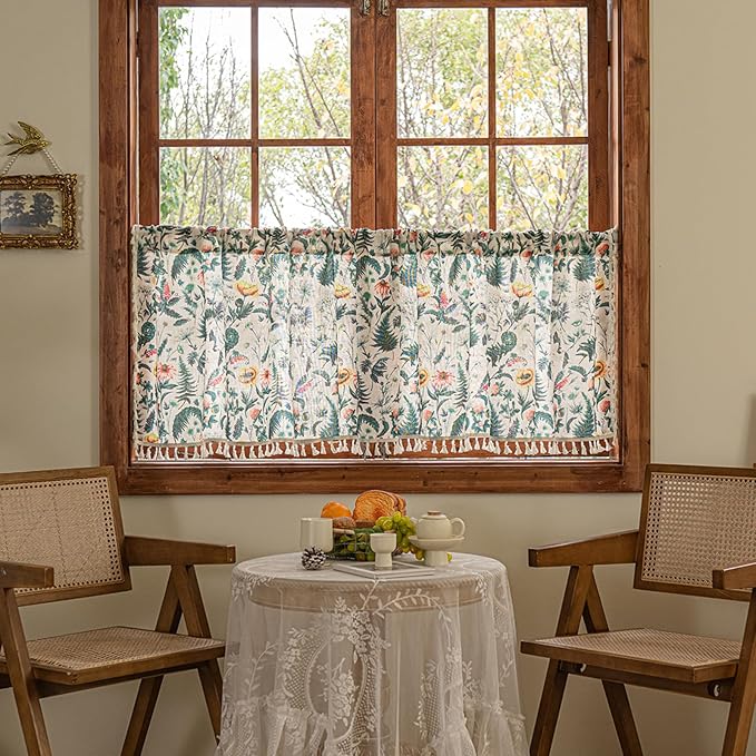Deeprove Boho Valance Curtain 18 Inch with Tassels, Green Fern Leaf Textured Kitchen Window Sheer Linen Look Short for Spring Summer Cafe Closet Farmhouse Country Style Privacy 1 Panel 52W x 18L