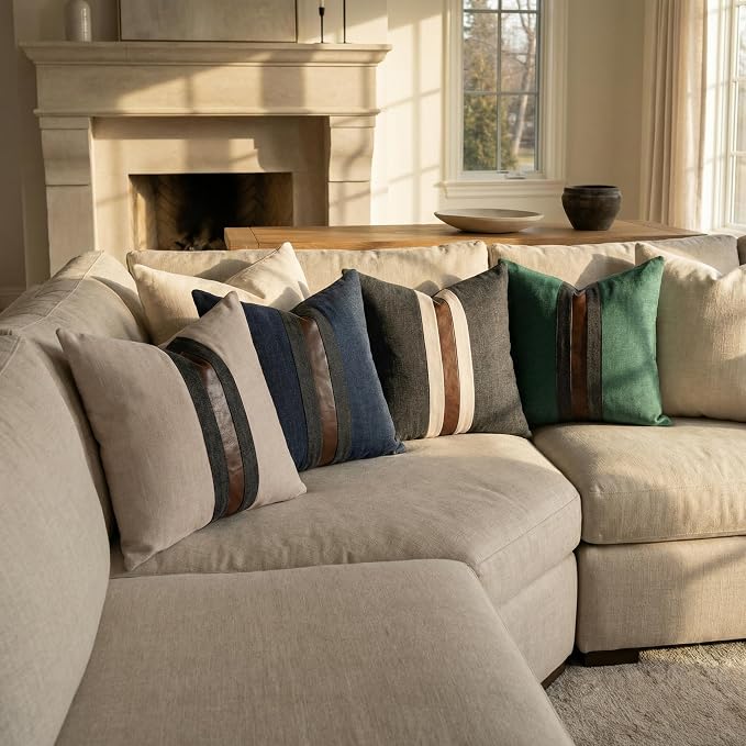 Set of 2 Leather Throw Pillow Covers Cotton Linen Decor Patchwork Pillow Cover Faux Leather Pillows Cover for Couch Sofa Living Room Bedroom,Coffee 18"x18"