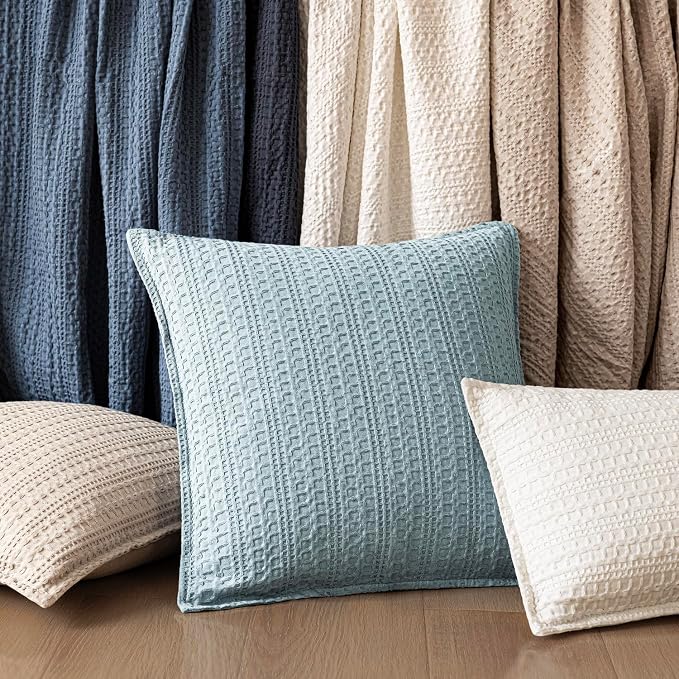 Foindtower Set of 2 Decorative Cotton Waffle Weave Throw Pillow Covers Euro Shams Cushion Covers Accent European Pillowcase for Bed Couch Sofa Bedroom Living Room Home Decor 26×26 Inch Light Blue