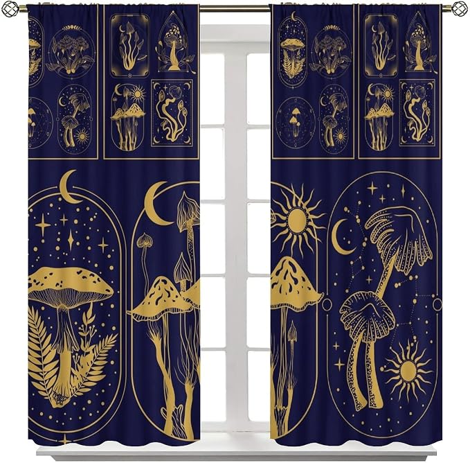 Mushroom Semi Sheer Curtains,Boho Style Mystical Plant Sun Moon Print Window Treatments for Bedroom Living Room Kitchen Purple Herbs Window Drapes 2 Panels Set,Total Size 42 x 45 Inch