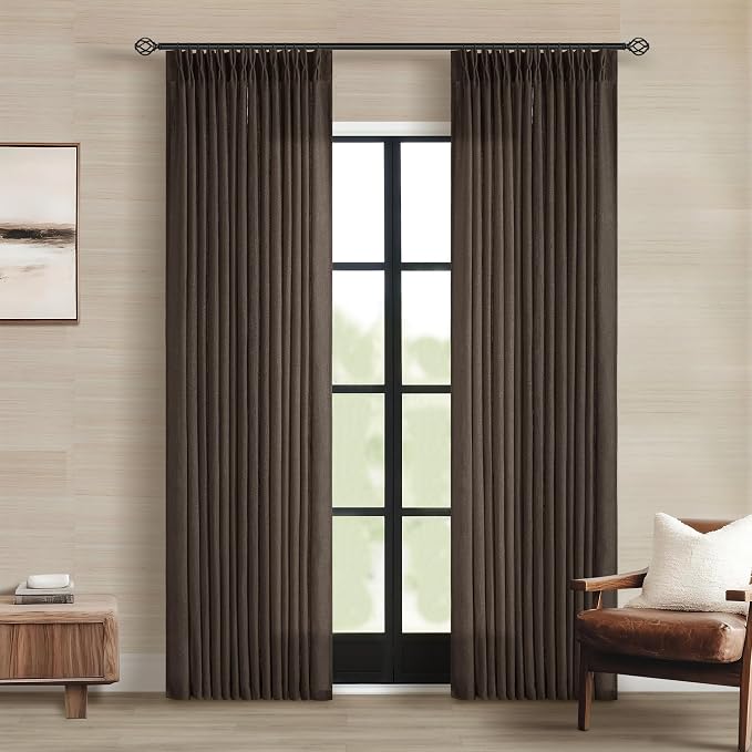 TWODRAPES Dark Chocolate Pinch Pleated Linen Curtains 2 Panels for Living Room Bedroom Memory Training Shaped Semi Sheer Pleat Drapes with Hooks Rings Light Filtering Window Curtain 40x84