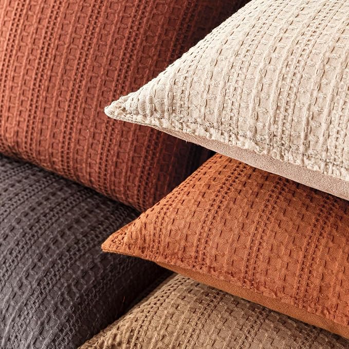 Foindtower Set of 2 Decorative Cotton Waffle Weave Throw Pillow Covers Euro Shams Cushion Covers Accent European Pillowcase for Bed Couch Sofa Bedroom Living Room Home Decor 26×26 Inch Burnt Orange