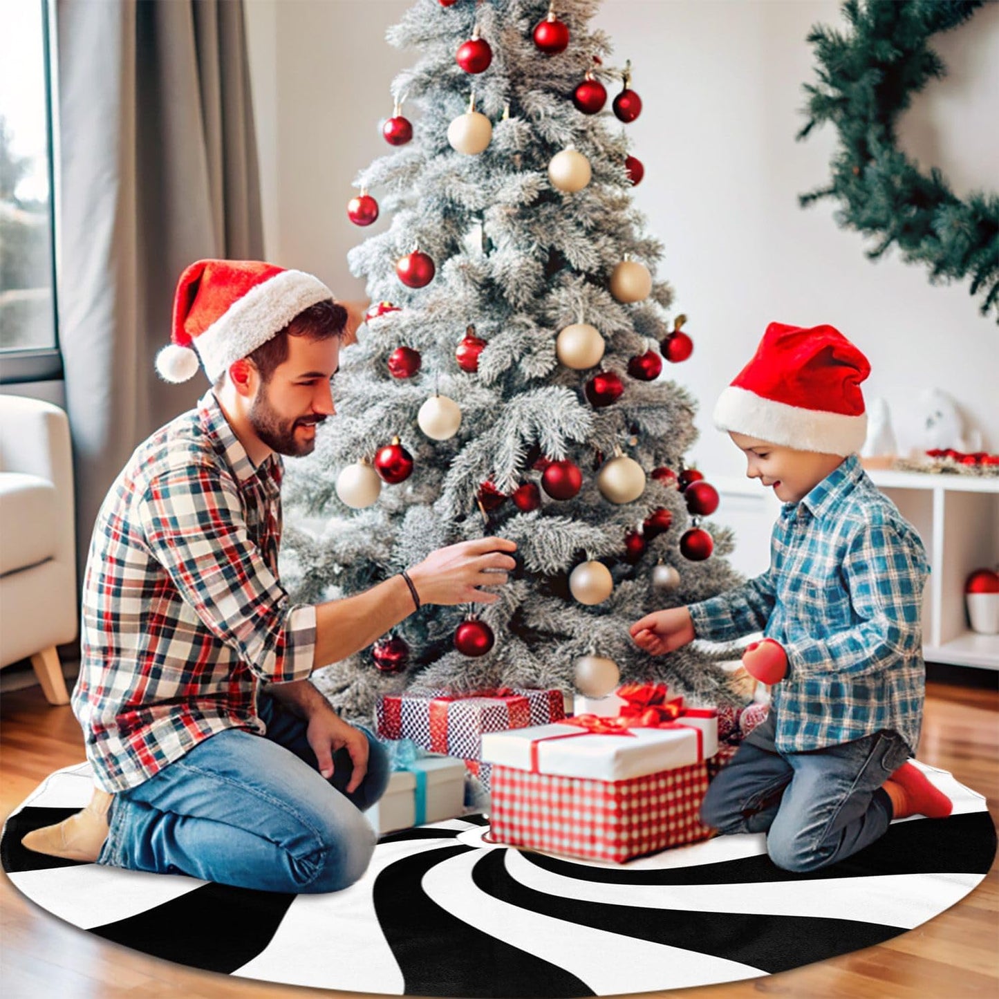 48" Black and White Peppermint Candy Christmas Tree Skirt, Tree Mat Base Cover for Xmas Festive Holiday Party Decoration Ornaments