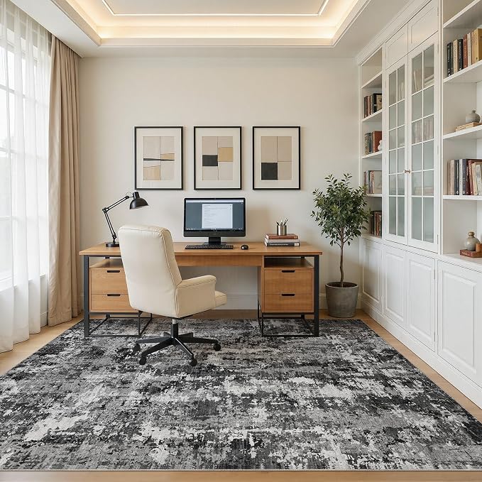 9x12 Area Rug Living Room Rugs: Washable Large Soft Abstract Modern Neutral Rug Stain Resistant & Non-Slip Low-Pile Carpet for Bedroom Dining Nursery Home Office Room Decor - Black