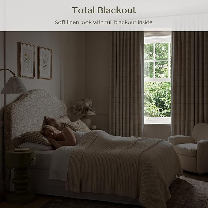 THREE GIRLS Pinch Pleated Plaid Curtains Blackout Linen Gingham Green Curtains for Living Room,Bedroom Checkered 102 Inches Long Double Layer 2 Panels Set Luxury and Modern Printed Design Darkening