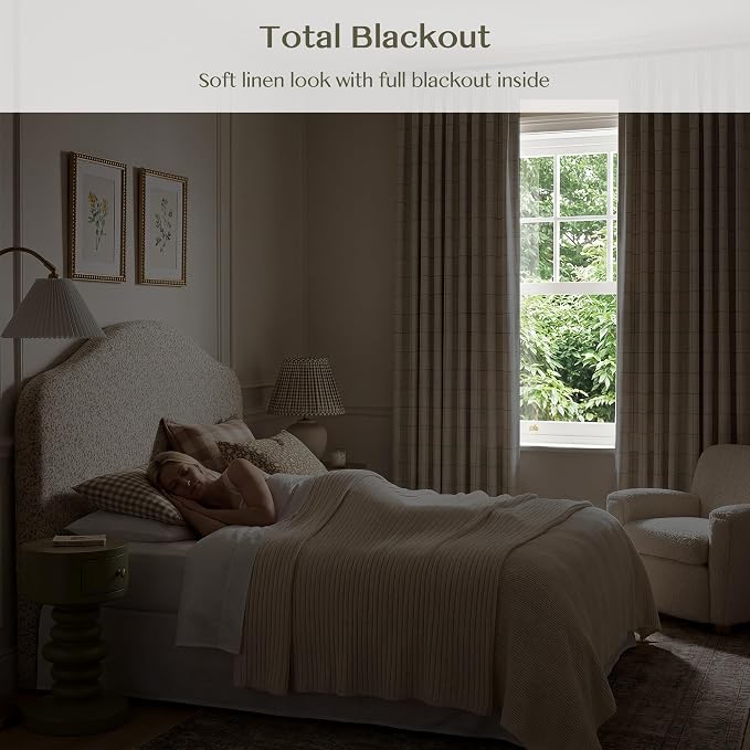 THREE GIRLS Pinch Pleated Plaid Curtains Blackout Linen Gingham Green Curtains for Living Room,Bedroom Checkered 92 Inches Long Double Layer 2 Panels Set Luxury and Modern Printed Design Darkening