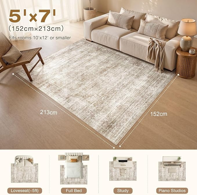 cotiled Area Rug for Living Room | Non Slip Backing, Stain Resistant, Pet Friendly, Large Neutral Soft Indoor Carpet For Bedroom, Nursery, Office, Beige/Brown