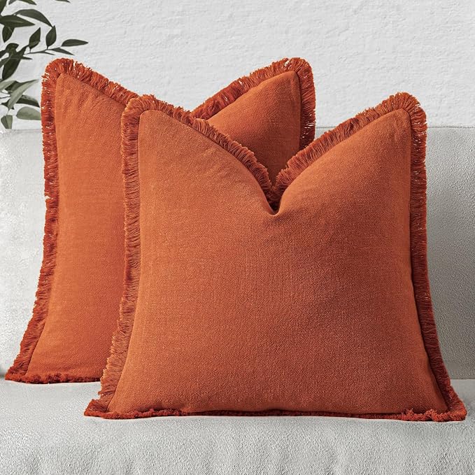 MIULEE Decorative Throw Pillow Covers Neutral Linen Fringe Throw Pillows Set of 2 Burnt Orange Boho Farmhouse Cushion Covers with Tassels for Couch Sofa Bed Living Room Fall Home Decor 18x18 Inch