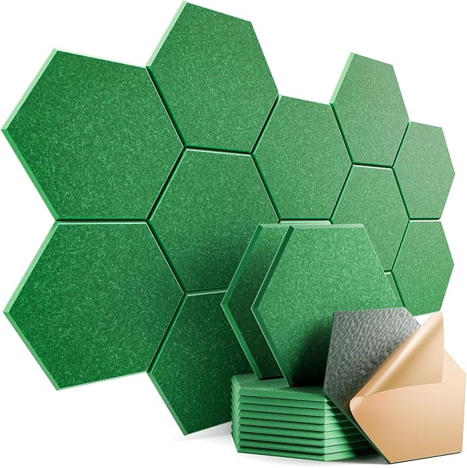 12 Pack Self-Adhesive Acoustic Panels 12" X 10" X 0.4" - Sound Proof Foam Panels with High Density, Hexagonal Design, Flame Resistant, Absorb Noise and Eliminate Echoes(Muted Green)