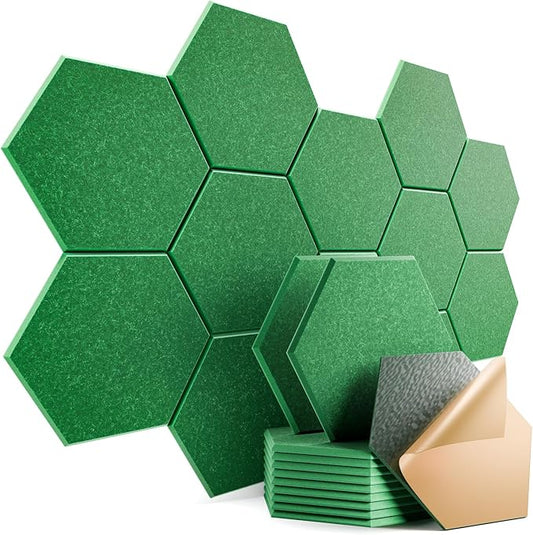 12 Pack Self-Adhesive Acoustic Panels 12" X 10" X 0.4" - Sound Proof Foam Panels with High Density, Hexagonal Design, Flame Resistant, Absorb Noise and Eliminate Echoes(Muted Green)