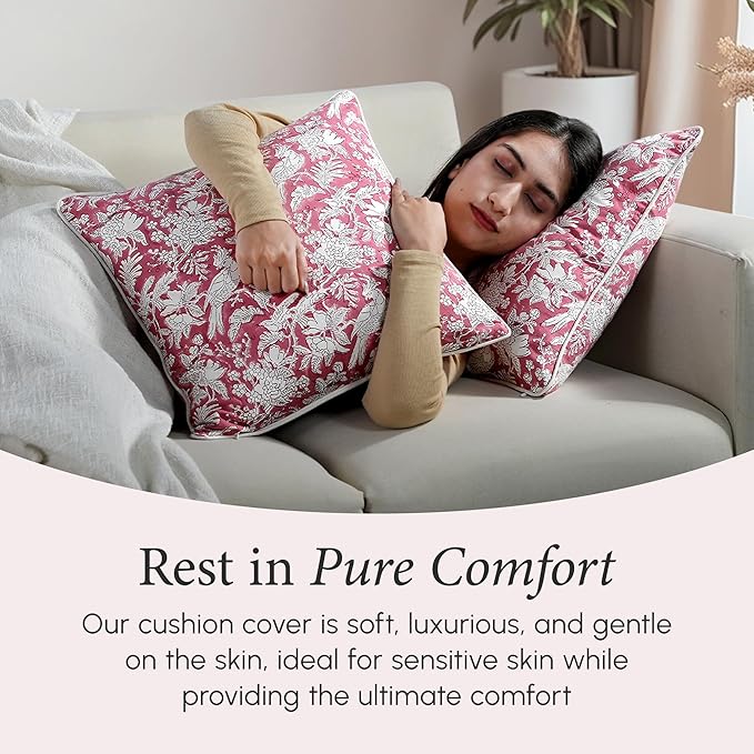CPC 100% Cotton Throw Pillow Covers 24x24 Inch, Set of 2 Red Block Print Pattern Couch Pillow, Cute Boho Decorative Pillows for Living Room, Bedroom with Hidden Zipper- Pink Coral