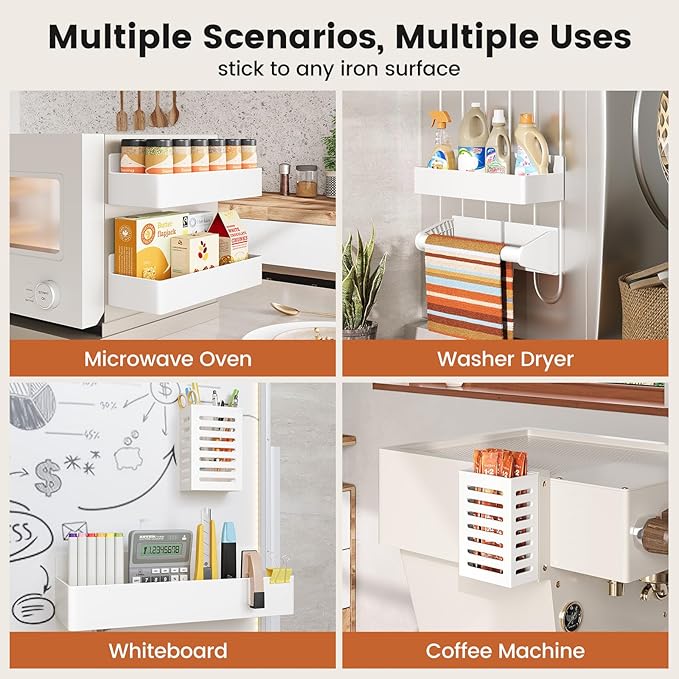Mystozer Magnetic Spice Rack for Refrigerator, 4 Pack Magnetic Shelf and 1Pack Paper Towel Holder,Fridge Organizers and Storage White(5 Pack)