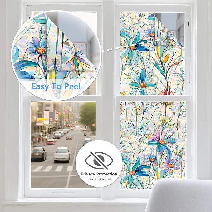 FINNEZ Window Privacy Film Stain Glass Film Flowers Rainbow Window Film Window Clings Non-Adhesive Reusable Decorative for Home（Blue Lotus，17.5 Inch x 13.1 Feet）