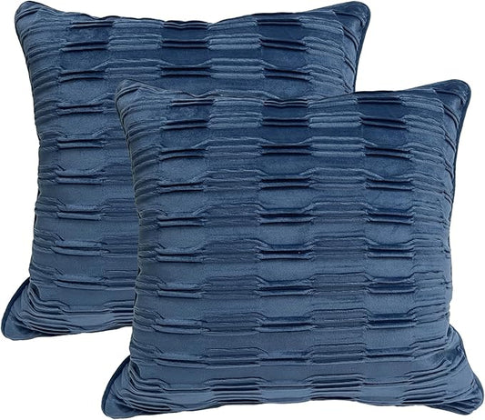 18x18 Inch Soft Velvet Throw Pillow Covers Set of 2 Soft Decorative Cushion Cases with Texture for Sofa Couch Bed Living Room (Ink Blue)