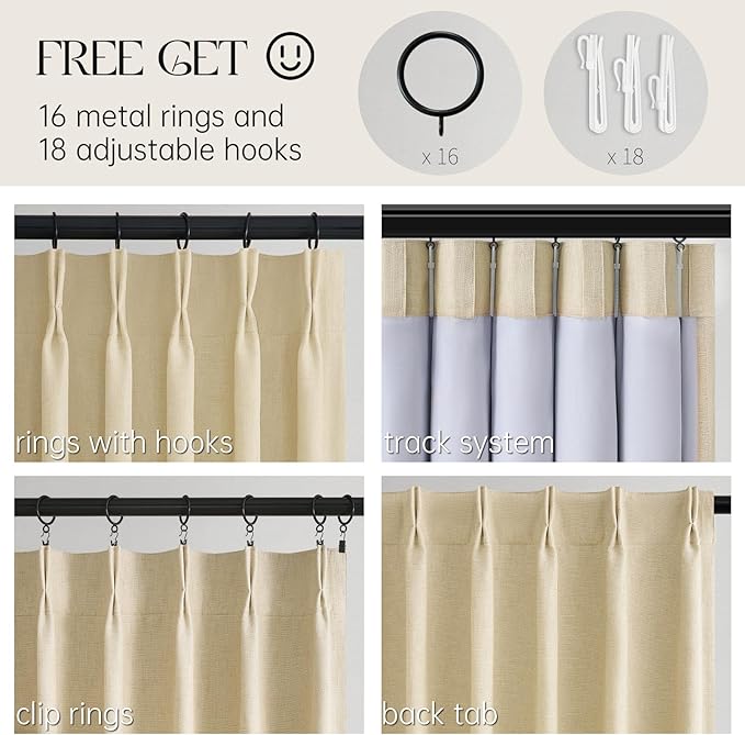 Topfinel Pinch Pleated Full Blackout Curtains 84 Inch for Bedroom Living Room,Fall Sand Beige Double Layer Linen Blended Room Darkening Back Tab Pinch Pleat Drape with Hooks Rings 2 Panel 40" Wx84 L