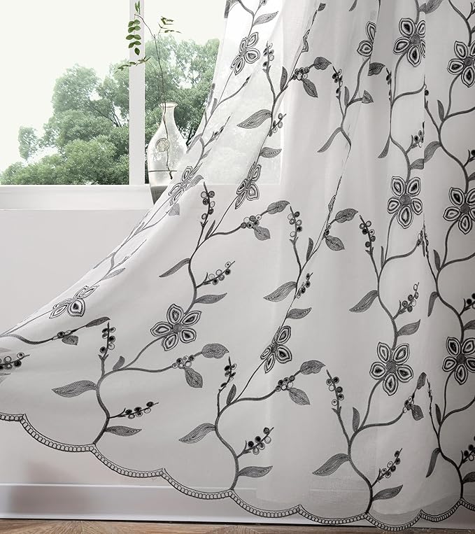 Petrichor Embroidered Sheer Curtain 2 Panels Set - Luxury Window Curtain Attached Valance with Satin Backing and 2 Tie Backs for Living Room,Dining Room, 54x95 inches, Gray