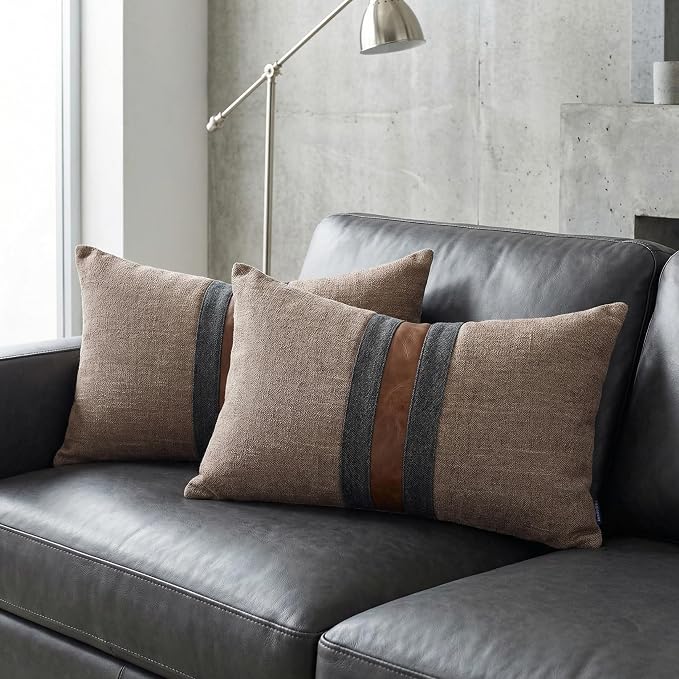 Set of 2 Leather Throw Pillow Covers Lumbar Cotton Linen Decor Patchwork Pillow Cover Faux Leather Pillows Cover for Couch Sofa Living Room Bedroom,Dark Coffee 12"x20"