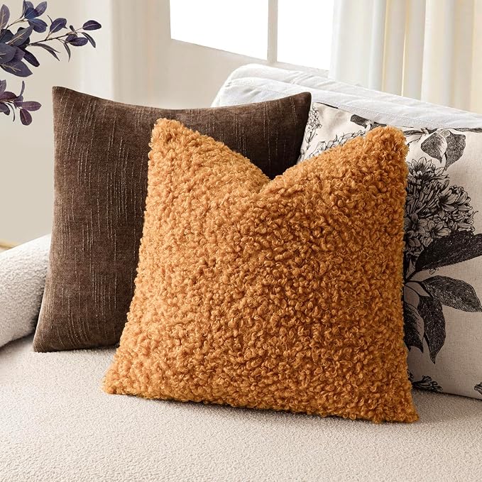 Foindtower 2 Pieces 16x16 Inch Orange, Faux Fur Throw Pillow Cover Accent Sherpa Furry Pillow Covers Fuzzy Soft Pillowcases Cozy Sheepskin Decorative Fleece Cushion Case for Bed Couch Living Room